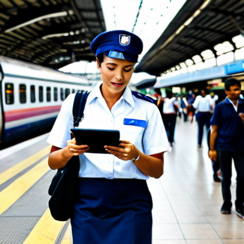 Home 8 **
"A busy modern train station in São Paulo, Brazil during the day. Passengers are hurrying to catch their trains. A female railway engineer in a professional uniform, fully clothed, is checking a digital tablet. Appropriate attire, safe for work. Bright sunny weather. Perfect anatomy, correct proportions, natural pose. High quality, professional photography."
**