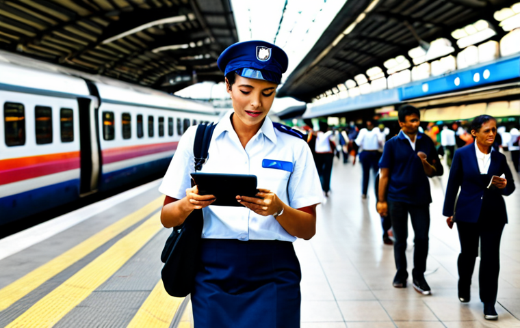 **

"A busy modern train station in São Paulo, Brazil during the day. Passengers are hurrying to catch their trains. A female railway engineer in a professional uniform, fully clothed, is checking a digital tablet. Appropriate attire, safe for work. Bright sunny weather. Perfect anatomy, correct proportions, natural pose. High quality, professional photography."

**