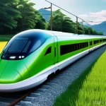 Home 22 철도기사와 AI 기술의 융합 사례 - **Prompt:** A futuristic, sleek bullet train glides silently along a track through a vibrant, green ...