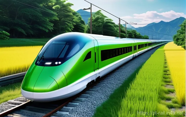 철도기사와 AI 기술의 융합 사례 - **Prompt:** A futuristic, sleek bullet train glides silently along a track through a vibrant, green ...
