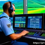 Home 21 철도기사와 협력팀의 역할 - A detailed scene inside a modern train control cabin featuring a focused train driver (maquinista) w...