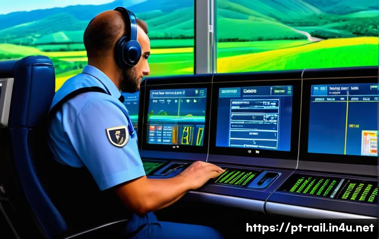 철도기사와 협력팀의 역할 - A detailed scene inside a modern train control cabin featuring a focused train driver (maquinista) w...