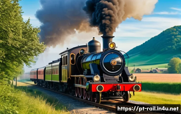 철도 역사와 발전 과정 - A detailed historical scene showing a 19th-century steam locomotive traveling on wooden and iron rai...