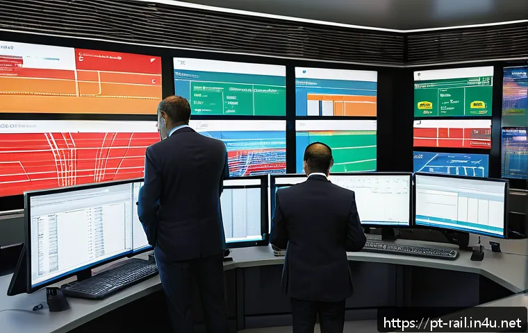철도기사와 동종 업계 협업 사례 - A modern Brazilian railway control center with large digital screens displaying real-time train traf...