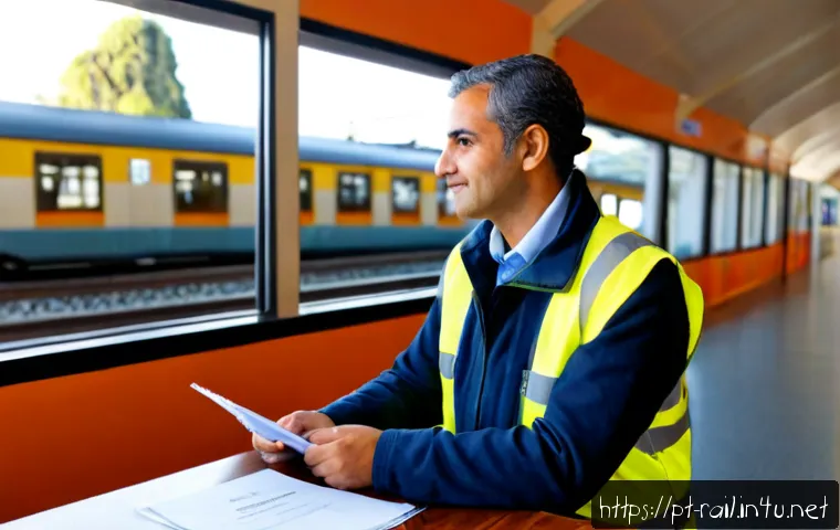 Home 17 철도기사 자격증 보유자 인터뷰 - Photorealistic interview scene with an experienced Portuguese railway engineer seated in a tidy mode...