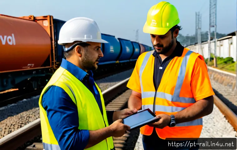 철도기사와 협력업체 관계관리 - Photorealistic Brazilian railway engineer in high-visibility safety vest and helmet meeting with a c...